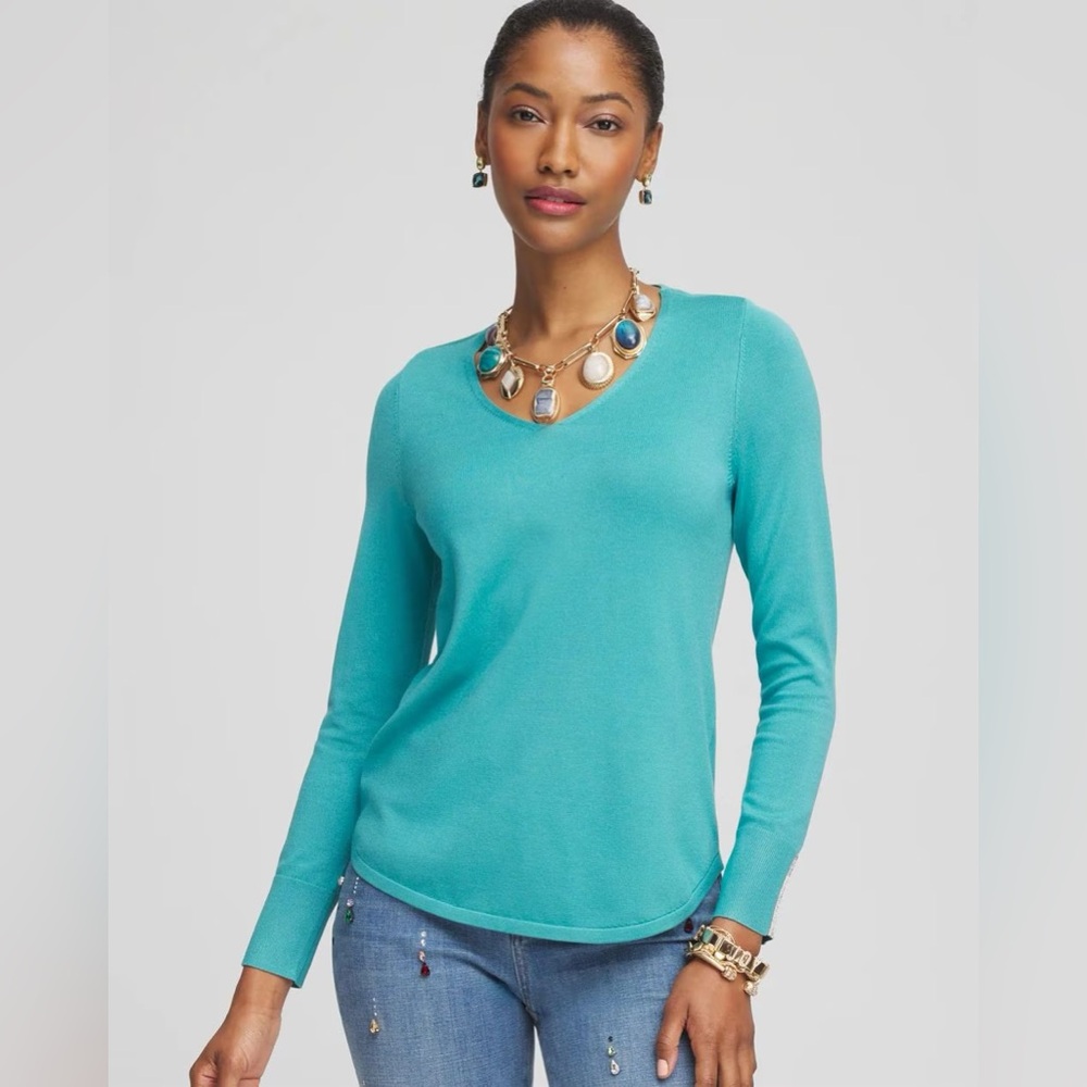Chicos Caviar Trim V-Neck Pullover Sweater New Size 3 Blue